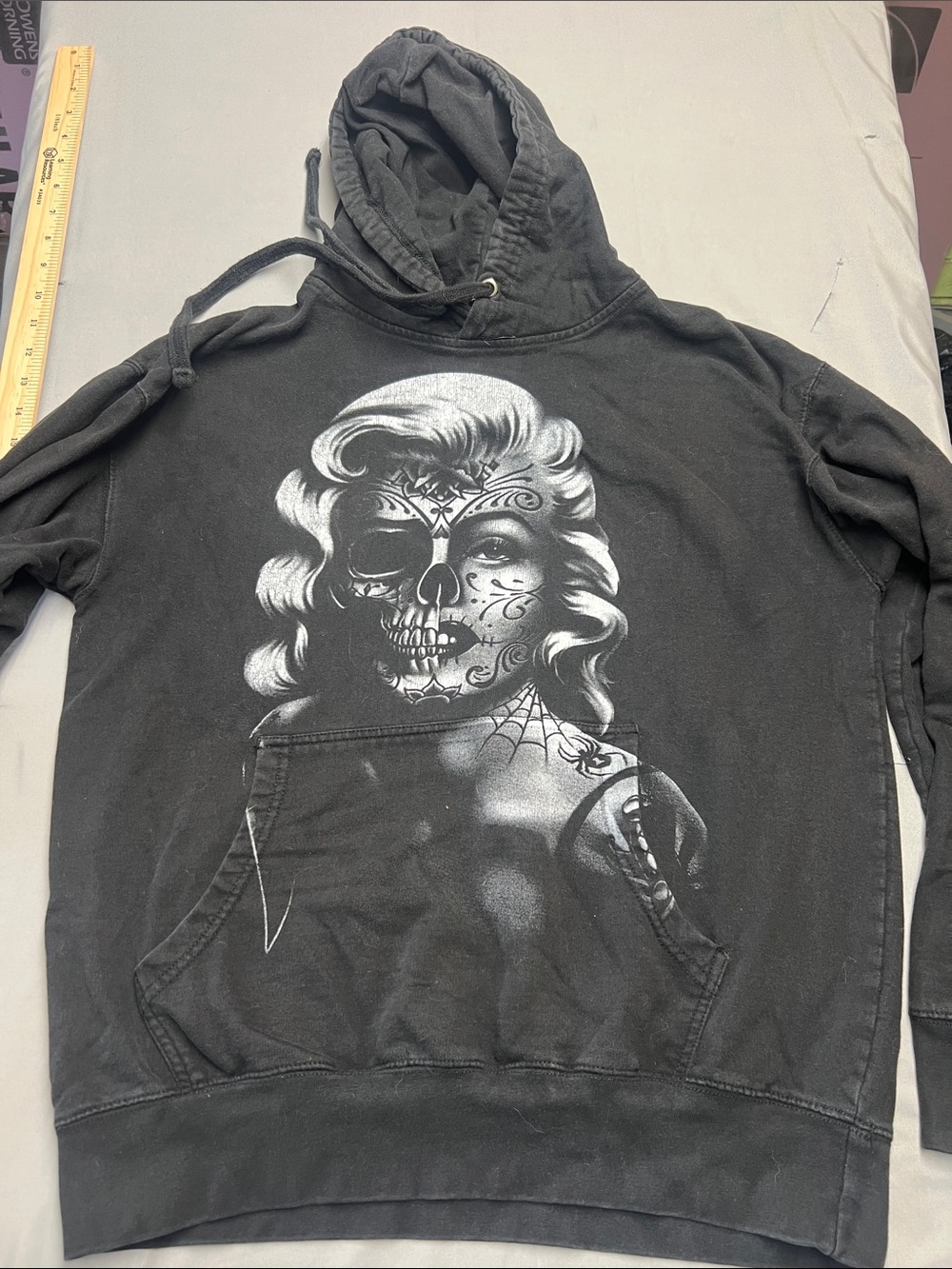 Hang Ten Black Hoodie with White Sugar Skull Marilyn Graphic